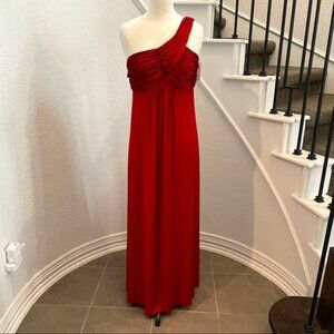 Like new David’s Bridal one-shoulder red gown with empire waist & ruching, 10